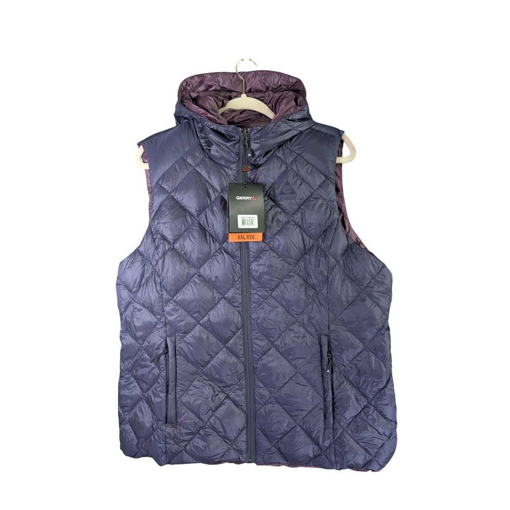 Gerry Reversible Packable Down Vest Womens XXL Blue Purple Quilted Hooded NWT